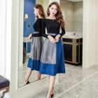 Set: Long-sleeve Top + Color Block A-line Midi Skirt