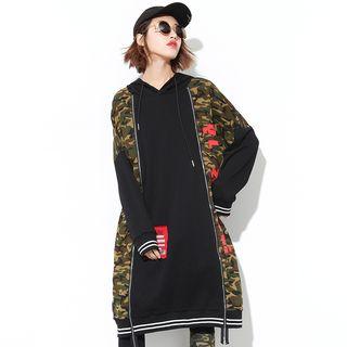 Camouflage Panel Zipped Long Hoodie