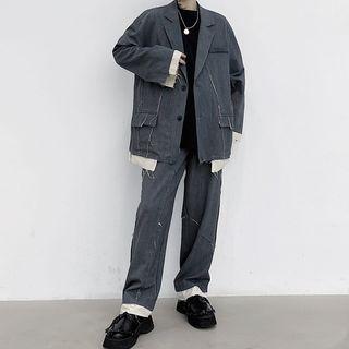 Set: Two-tone Panel Single-breasted Blazer + Straight-cut Pants
