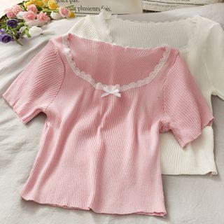 Lace-neckline Light Knit Top
