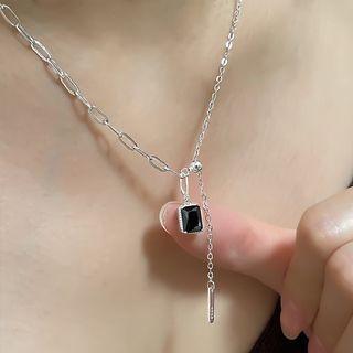Rhinestone Necklace Necklace - Black & Silver - One Size