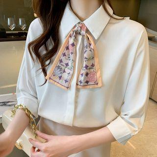 Elbow-sleeve Bow Collar Chiffon Shirt