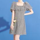 Short-sleeve Gingham Check Mini Dress