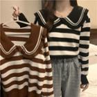 Peter Pan Collar Striped Long-sleeve Knit Top