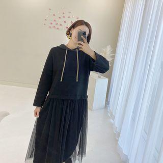Tulle-overlay Long Hoodie Dress