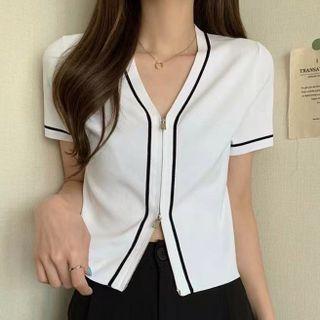 Short-sleeve Contrast Trim Zip-up Top