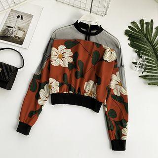 Long-sleeve Mesh Panel Print Top