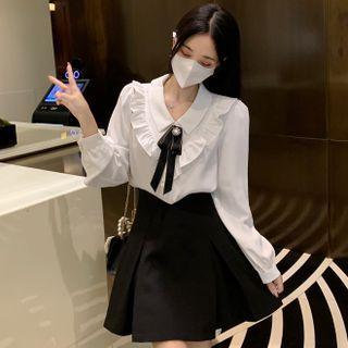 Long-sleeve Frilled Peter Pan-collar Shirt / High-waist Mini A-line Skirt