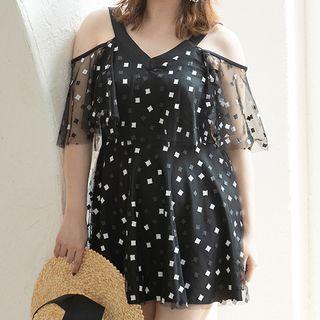 Printed Cold-shoulder Swimdress
