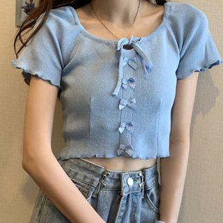 Short-sleeve Bow Detail Knit Crop Top