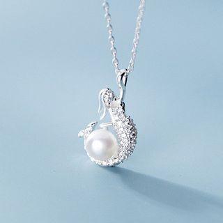 925 Sterling Silver Rhinestone Faux Pearl Mermaid Pendant Necklace White Pearl - Silver - One Size