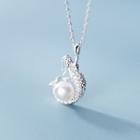 925 Sterling Silver Rhinestone Faux Pearl Mermaid Pendant Necklace White Pearl - Silver - One Size