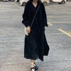 Puff-sleeve Corduroy Midi Dress Black - One Size