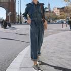 3/4-sleeve Denim Cropped Jumpsuit