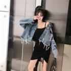 Washed Ripped Denim Jacket / Spaghetti Strap Drawstring Knit Dress