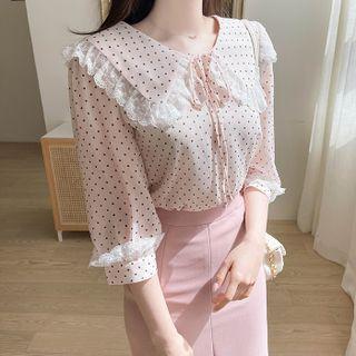 Tie-neck Lace-trim Dotted Blouse