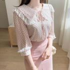 Tie-neck Lace-trim Dotted Blouse