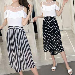 Set: Cold Shoulder Chiffon Top + Pattern A-line Midi Skirt