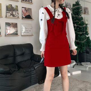 Plain Velvet Bow Spaghetti-strap Dress / Puff-sleeve Peter Pan Collar Shirt