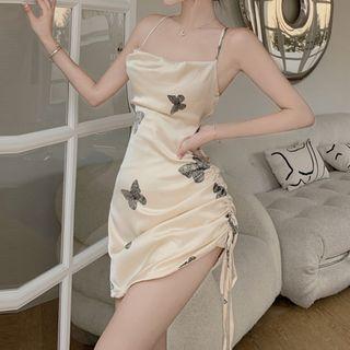 Spaghetti Strap Butterfly Print Drawstring Bodycon Dress