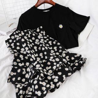 Set: Flower Print Short-sleeve T-shirt + Mini Tiered Skirt