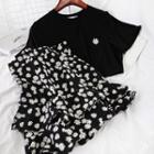 Set: Flower Print Short-sleeve T-shirt + Mini Tiered Skirt