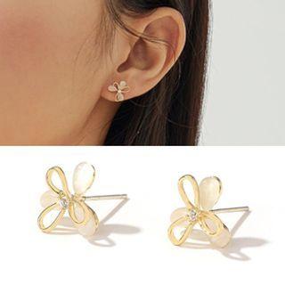 Cat Eye Stone Flower Earring Gold - One Size