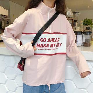 Mock-neck Letter Zip Placket Sweatshirt