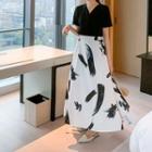 Set: V-neck Short-sleeve T-shirt + Printed Midi A-line Skirt