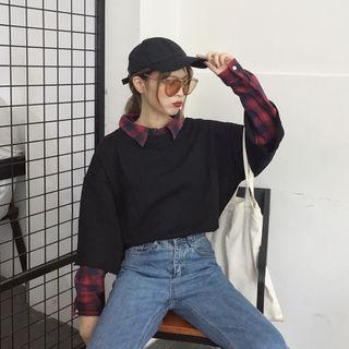 Long Sleeve Collar Mock Two Piece Plaid Panel Top