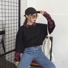 Long Sleeve Collar Mock Two Piece Plaid Panel Top