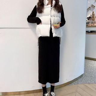 Padded Vest / Long-sleeve Midi Knit Dress