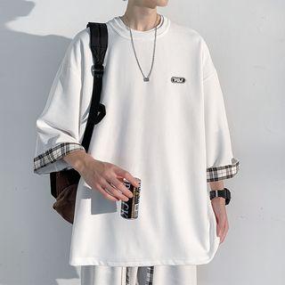 3/4-sleeve Applique Plaid Panel T-shirt