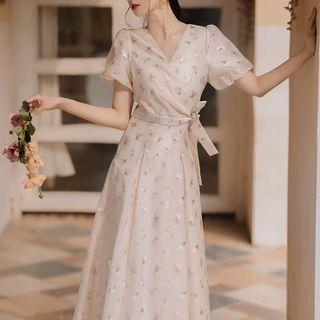 Short-sleeve Tie-waist Floral Print Midi A-line Dress