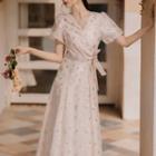 Short-sleeve Tie-waist Floral Print Midi A-line Dress