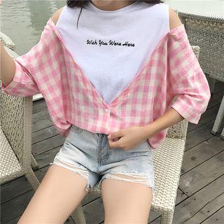 Mock Two Piece Plaid Panel Cut Out Shoulder 3/4 Sleeve T-shirt