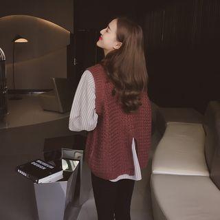 Set: Striped Shirt + Slit Back Knit Vest