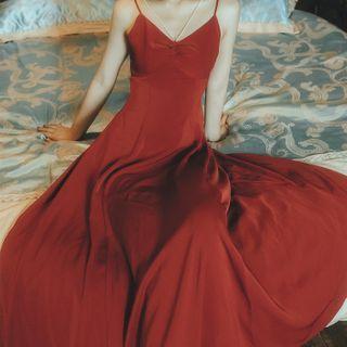 Faux Pearl Spaghetti Strap Maxi A-line Dress