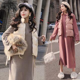 Set: Long-sleeve Midi Shift Dress + Stand Collar Padded Vest