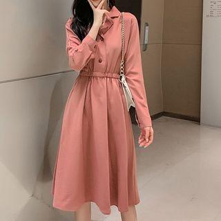 Elastic Waist Lapel Collar Midi Dress