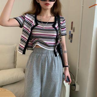 Set: Striped Camisole Top + Short-sleeve Knit Top