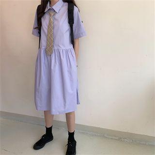 Tie-neck Short-sleeve Mini A-line Shirtdress