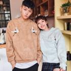 Crane Embroidered Faux Suede Pullover