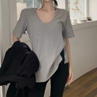 Short-sleeve V-neck Plain Ribbed Slit Loose Fit T-shirt