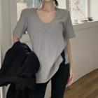 Short-sleeve V-neck Plain Ribbed Slit Loose Fit T-shirt