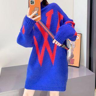 Long Sleeve Turtle Neck Lettering Knit Dress