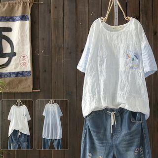 Elbow-sleeve Striped Panel Embroidered Top