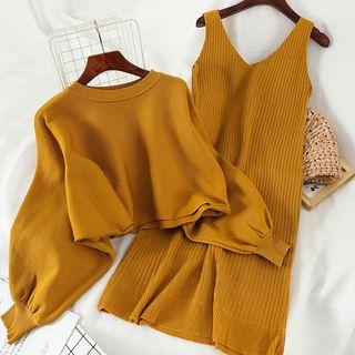 Set: V-neck Sleeveless Knit Dress + Sweater