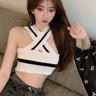 Two Tone Halter Knit Crop Top White - One Size