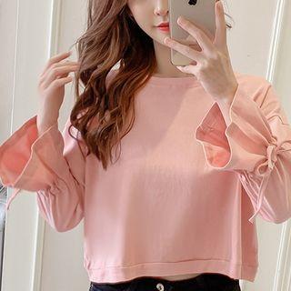 Bell-sleeve Drawstring Plain T-shirt